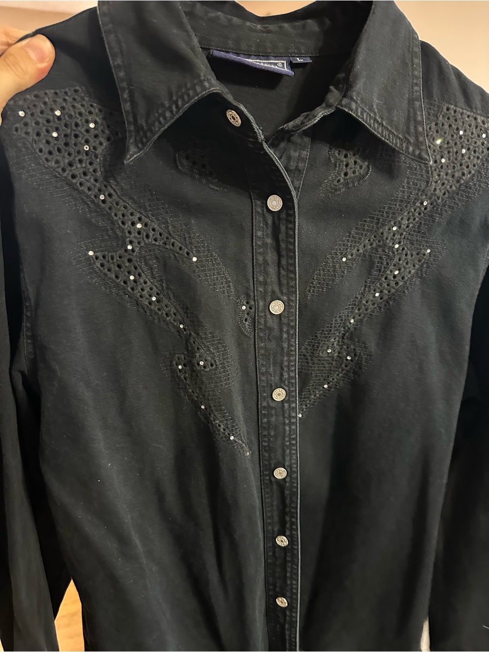 Black Women's Western-Style Button-Up Black Denim Shirt with Embellished Yoke
